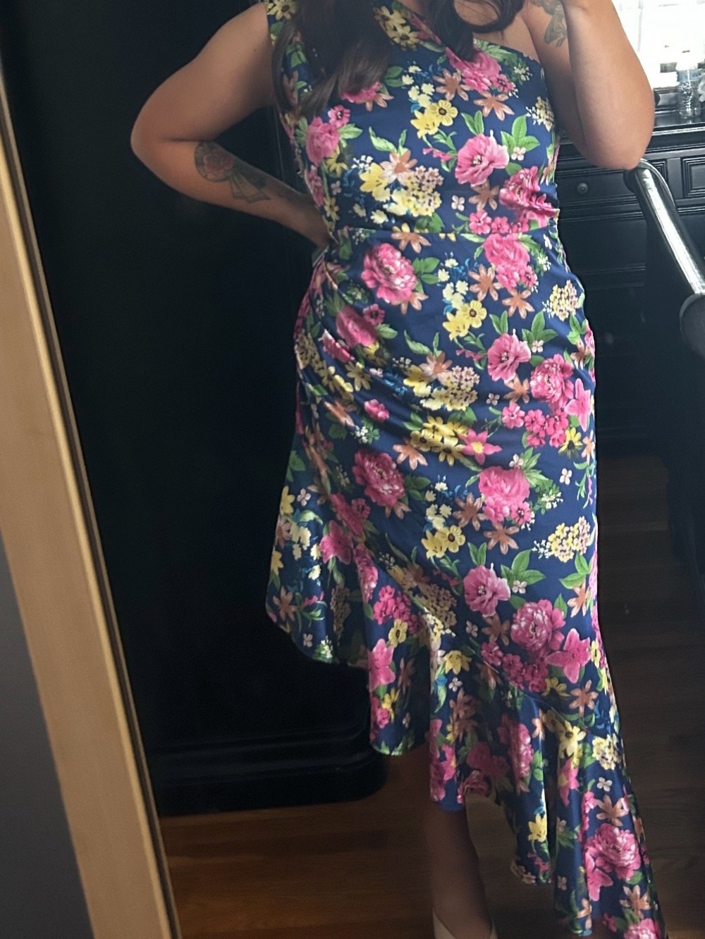 Lulus Floral Asymmetric Navy Midi Dress